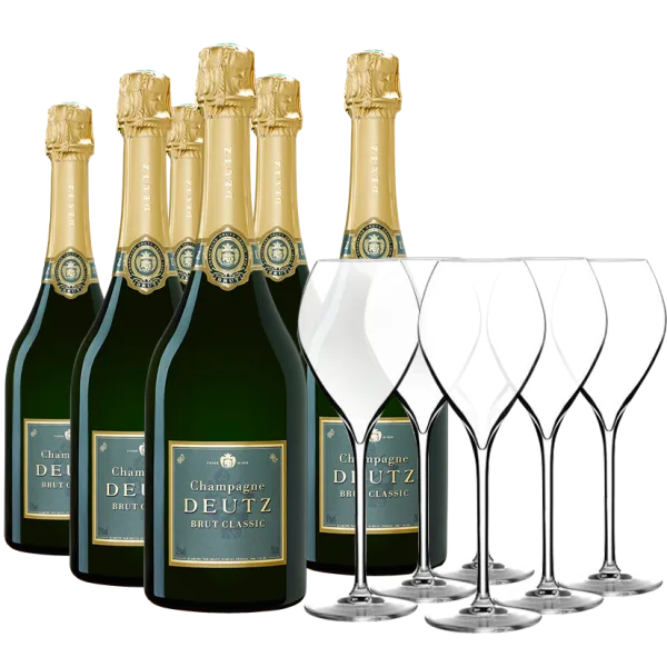 6 Champagnes Deutz Brut Classic + 6 flûtes