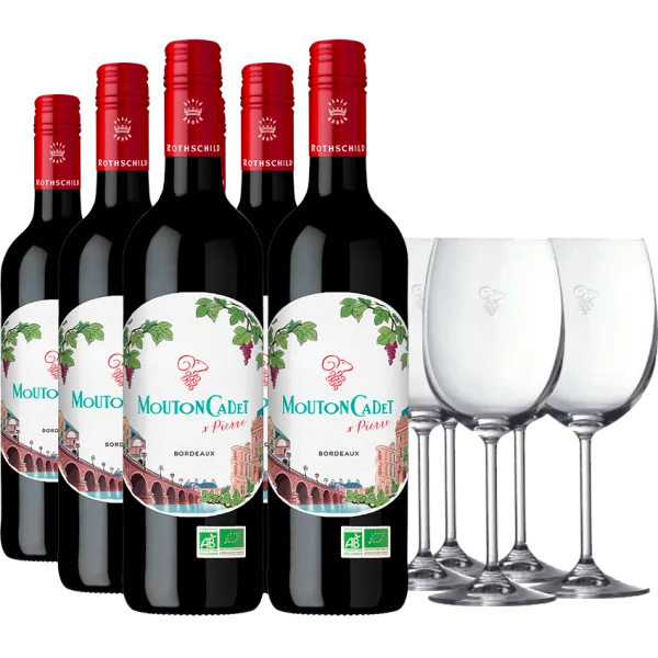 Pack 6 Bouteilles Mouton Cadet Bio Rouge X Pierre 2024 - Baron Philippe de Rothschild + 6 Verres Mouton Cadet OFFERTS